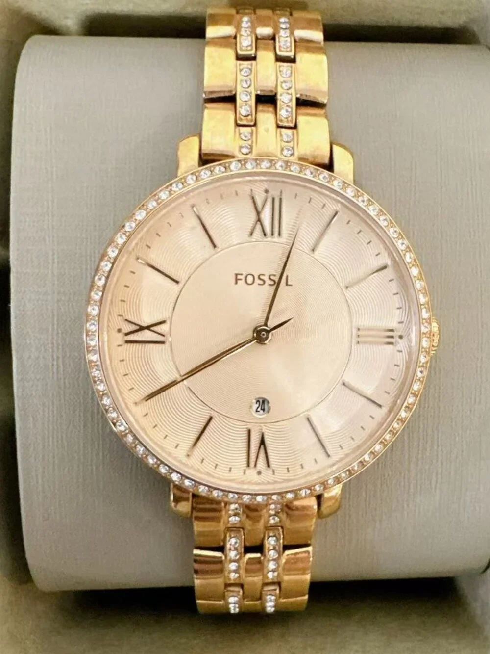 Fossil Jacqueline Rose Gold Crystal Bracelet Date Watch ES3546